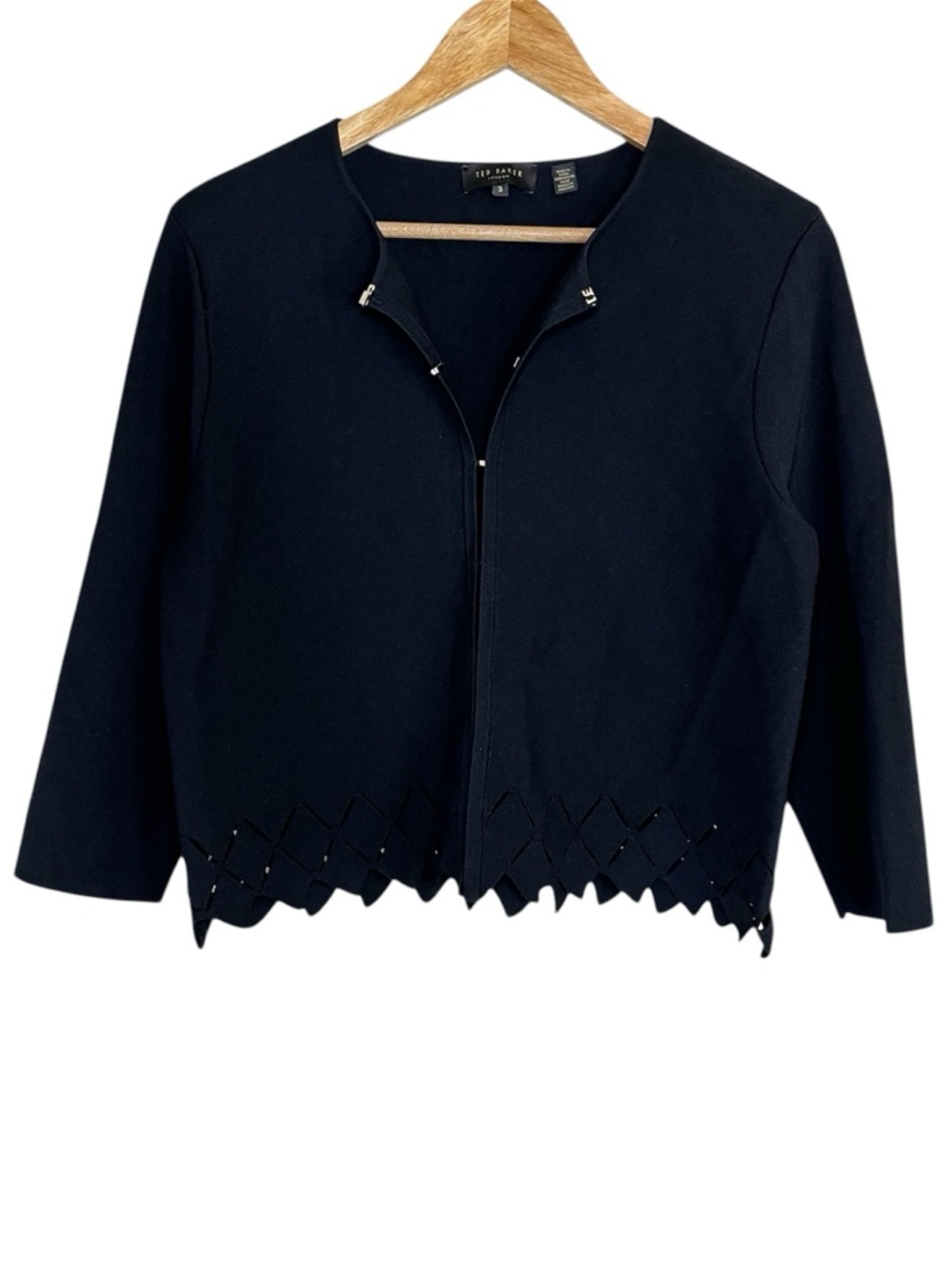 Ted Baker Kyylie Black Geometric Laser-cut Hem Knit Modern Cardigan SZ 3 (US 8) - Picture 3 of 10